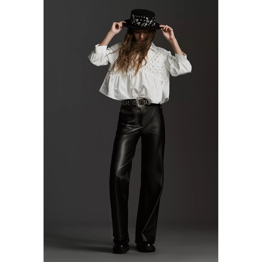 Maeve Anthropologie Naomi Wide-Leg Flare Black Faux Leather High Rise Pants 6